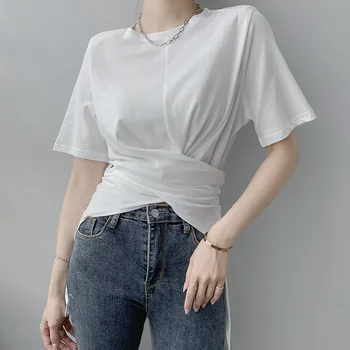 Элегантные модные шикарные асимметричные топы с перекрестной оберткой на талии, женские однотонные летние футболки с коротким рукавом, женские футболки для хай-стрит