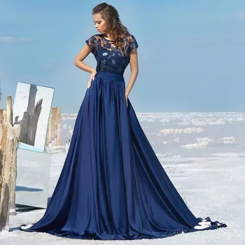 Элегантные темно-синие вечерние платья 2022, Трапециевидный Вырез с Круглым вырезом, Кружевные аппликации, Атласное платье для выпускного вечера Для женщин С открытой спиной