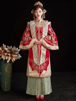 Элегантный Воротник-стойка Китайский Свадебный Чонсам Изысканные блестки, бисероплетение, вышивка, Ципао, Свадебное платье для пары