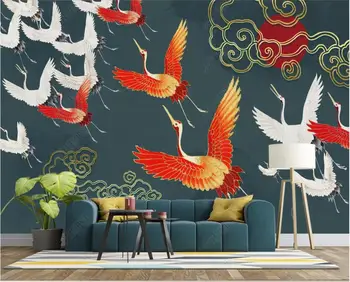 изготовленная на заказ фреска 3d фотообои в китайском стиле светло-роскошная золотая ручная роспись летящий журавль обои в гостиной
