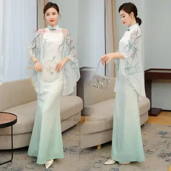 традиционное китайское винтажное платье ципао 2023, улучшенное шифоновое платье с национальным цветочным принтом чонсам, ретро банкетное вечернее платье